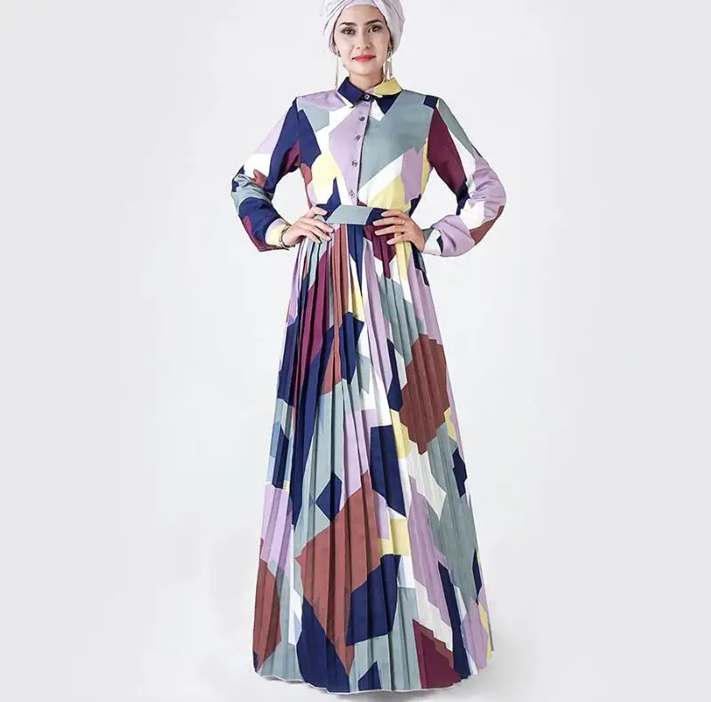 turkish clothes Мусульманская Мода Турция абайя геометрический принт Органическая плиссированная длинная юбка Vestido Arabe Feminino abaya Grande задняя мусульманское платье - Цвет: turkish clothes