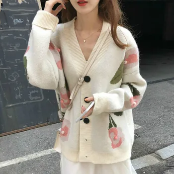 

DTSTARZG 2020 Autumn Spring New V Neck Long Sleeve Knit Cardigans Sweater Print Single Breast Design Pull Femme Coat Loose 47932