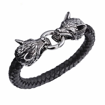 

New Punk Stainless Steel Double Wolf Head Biker Bracelets High Quality Gothic Leather Animal Men Cool Bracelet Bangle