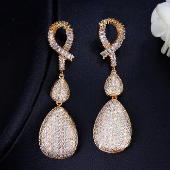 

LUALA Quality Wedding Evening Dubai Gold Jewelry Micro Pave Cubic Zirconia Stones Long Drop Golden Earrings For Women CZ120