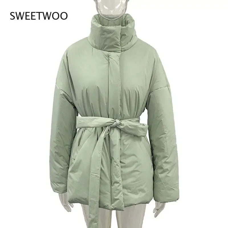 Casual Collected Waisted Parkas Women Fashion Simple Coats Women Elegant Spring Stand Collar Cotton Jackets Female Ladies