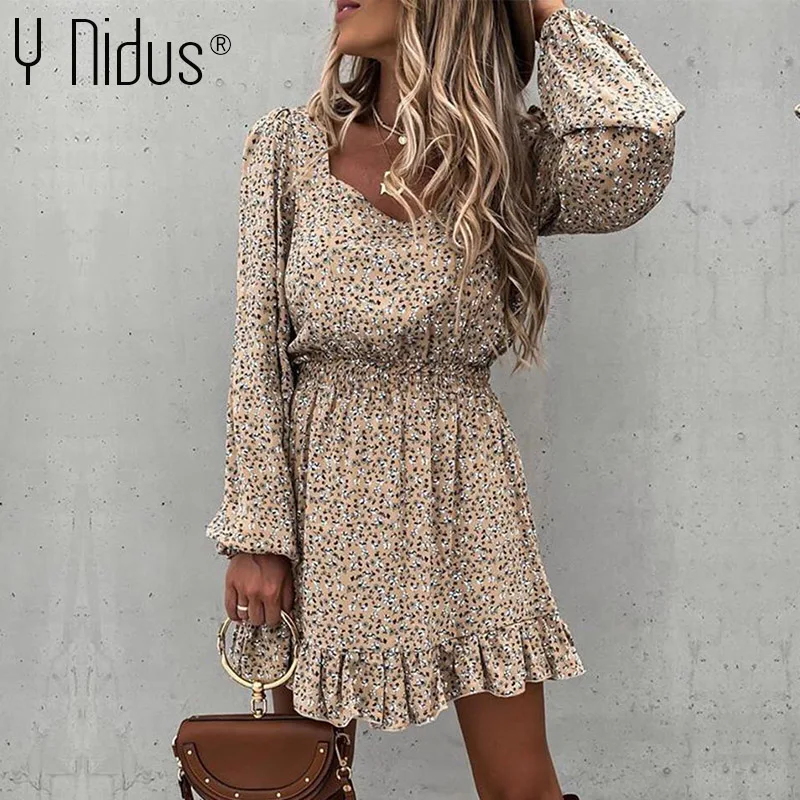 Y Nidus Autumn Dresses Women Print Square Collar Mini Dress Winter Boho Long Sleeve Flowy Swing Party Dress Loose Short Vestido