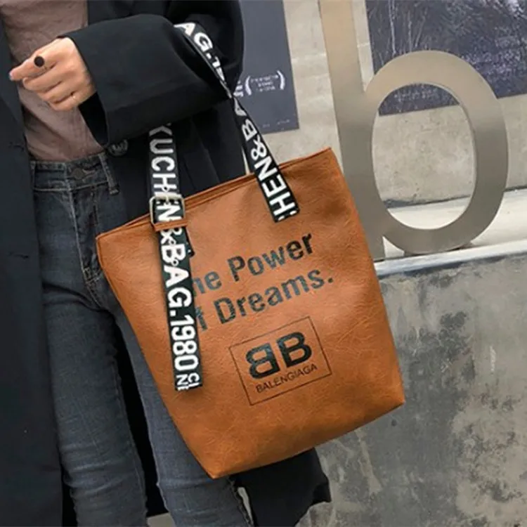 

Bag 2019 Korean-style New Style WOMEN'S Bag Retro Lettered Shoulder Bag Color with Hand Big Bag Simple Bucket Bag