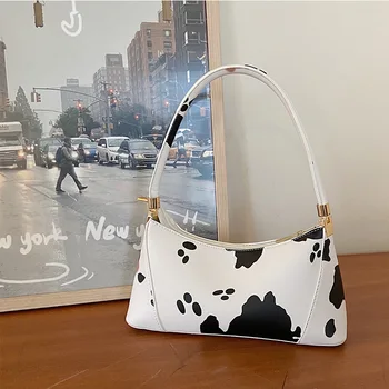 

Vintage Cow Pattern Women Baguette Handbags Fashion Design PU Leather Ladies Shoulder Crossbody Bags Female Underarm Bag Bolsas