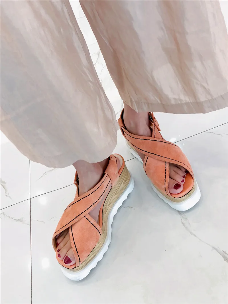 

2019 Genuine Leather Kid Suede Sandals Ladies Platform High Wedges Heels Sandals Female Luxury Summer Shoes Wwoman