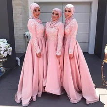 Najnowsze wzory muzułmańskie różowe suknie druhny suknie z rękawami tanie tanio R BWEDDING Długość podłogi A-LINE CN (pochodzenie) Wysokiej Pełna Aplikacje Koronki Zakładka Dla dorosłych Cj20190110011