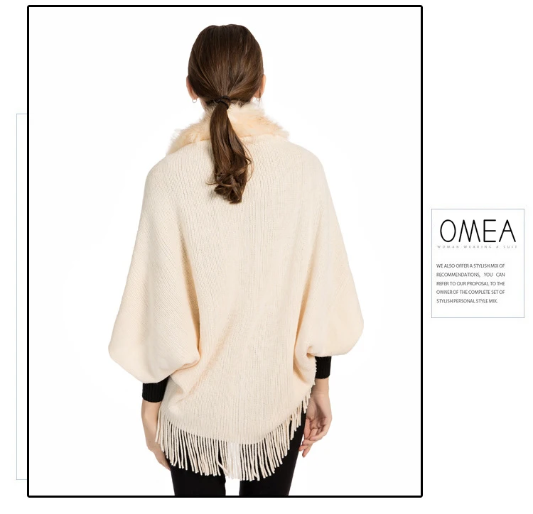 OMEA Fur Collar Poncho Women Winter Knitted Pullover Poncho with Tassel Women Shawl Solid Color Female Ponchos and Capes Ladies