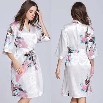 

Women´s Satin Robe Kimono Dress Summer Sexy Gown Half Sleeve Floral Print Sleepwear Mini Night Dress Bathrobe