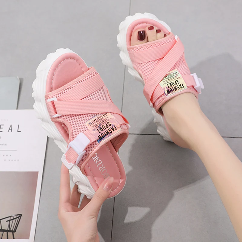 Rimocy Breathable Mesh Summer Sport Slippers Woman Buckle Platform Beach Sandals Women Thick Bottom Outdoor Slides Mujer 2020 | Обувь