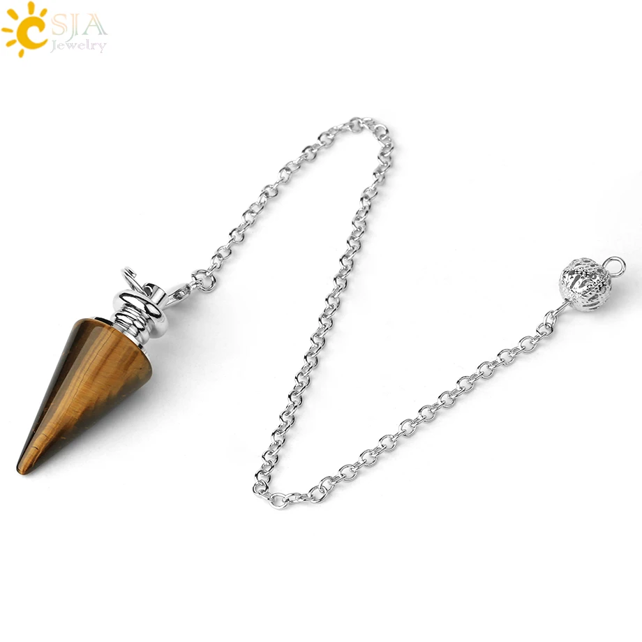 CSJA Conical Pendulum Natural Stone Taper Pendulums Silver Color Chain Crystal Pendants for Dowsing Spiritual Reiki Pendulo G491