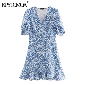 

KPYTOMOA Women 2020 Chic Fashion Floral Print Ruffled Mini Dress Vintage V Neck Puff Sleeve Side Zipper Female Dresses Vestidos
