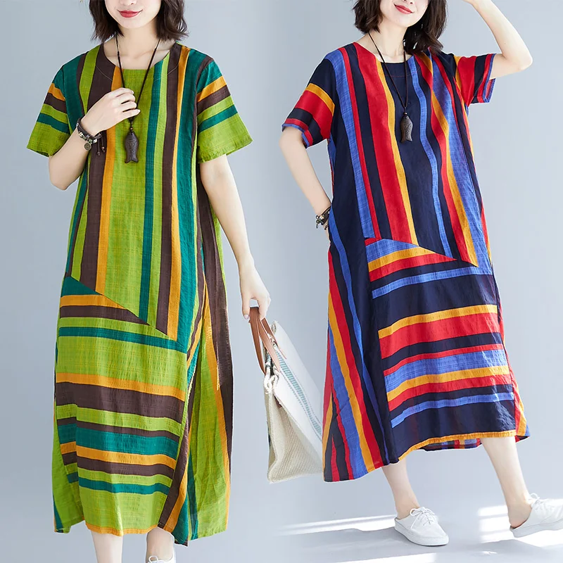 

Women Dress Summer Plus Size Large Clothing Female Lady Vintage Vestidos Striped Patchwork Casual Loose Oversized Beach Dress