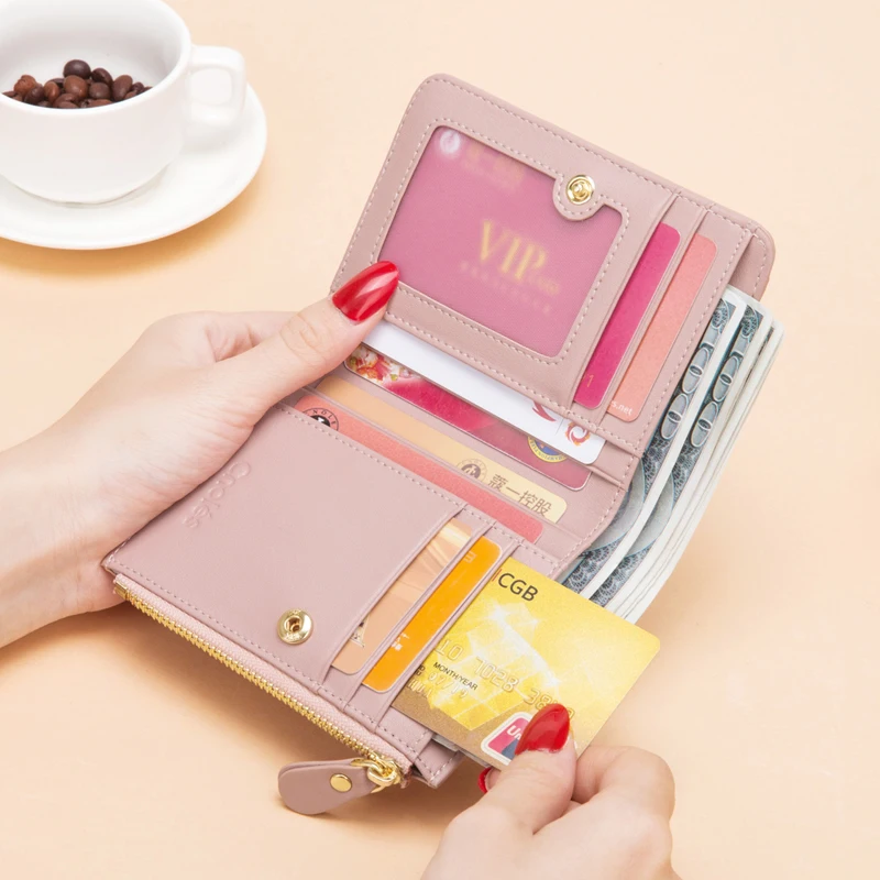 Cnoles Leather Women's Wallet Female Short Retro two-fold Folding Student Version Simple Multi-card Crocodile Pattern Coin Purse