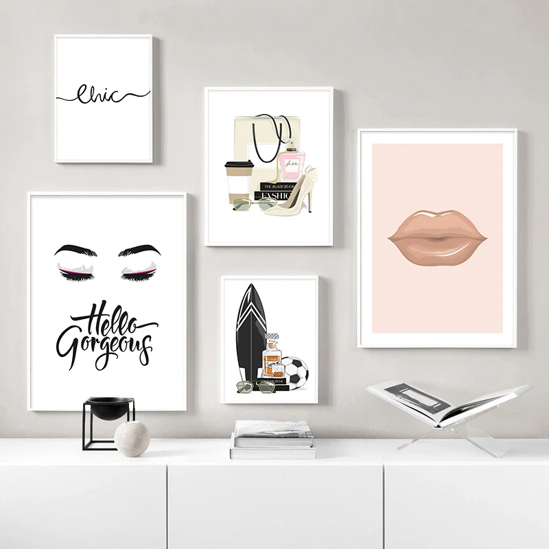

Simple Nordic fashion watercolor beauty red lips eyes lipstick high heels perfume beauty makeup decoration picture printing