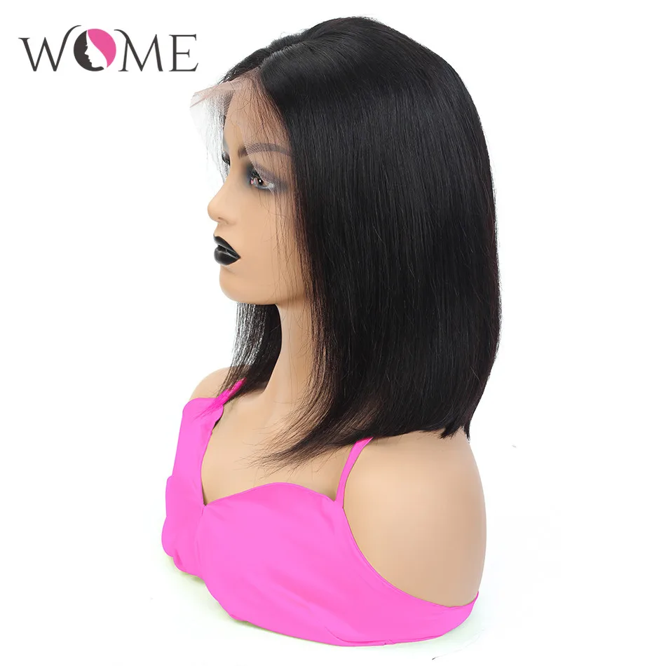 WOME Peruvian Straight Short Bob Wigs Pre Plucked 13x4 Lace Front Human Hair Wigs For Women 150% Medium Ratio 13X4 Lace Remy Wig