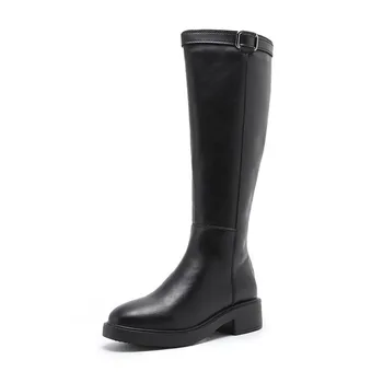 

Women Boot Winter Fashion Side Zipper Buckle Strap Mid-Calf Boots Ladies Round Toe Low Heels Punk Riding shoes for Females