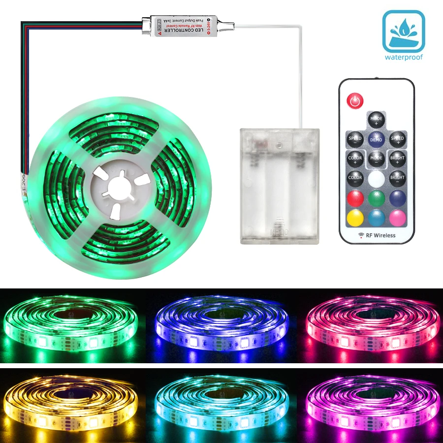 

Battery Operated RGB Led Strip Light 5050 Waterproof Backlight TV Home Colorful Decoration + RF17K Remote Controller Set 2M Pack