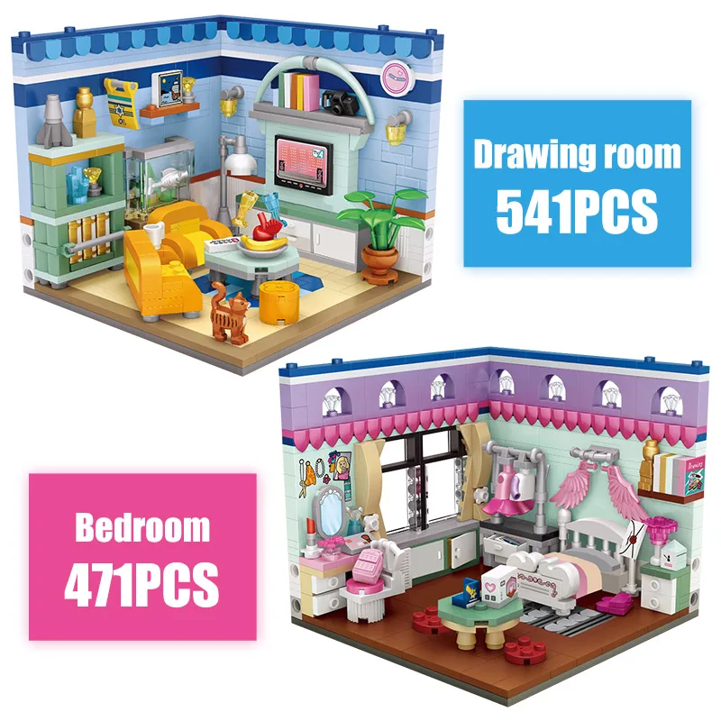

Mini Indoor corner scene Blocks Bedroom Drawing Room Model Building Blocks Diamond Figures Bricks Educational Toys for Children