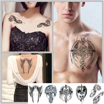 

Nu-Taty Waterproof Temporary Sticker Dragon Cross Big Wings Feathers And Roses Large Pattern Arm Tattoo Stickers