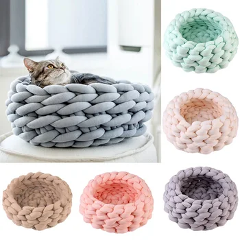 

New Pet Cat Dog Knitted Cotton Nest Round Cat Cot Bed Basket Nest Cotton Woven Pet Bed House