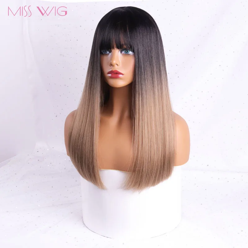 

MISS WIG 18" Long Synthetic Wig with Bangs Dark Root Ombre Color Natural Headline Heat Resistant Hair Wigs for Wome