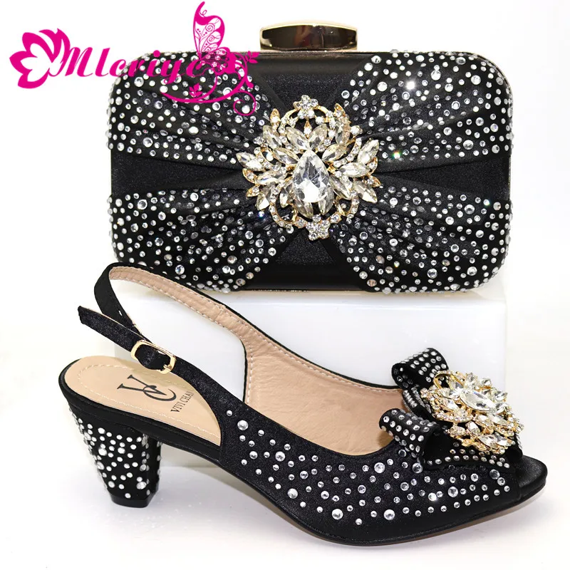 

Ladies Italian Shoes and Bag Set black Decorated with Rhinestone Italian Shoes with Matching Bags High Quality Party Shoe