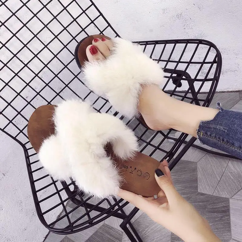 2021 Summer Women House Slippers Faux Fur Fashion Shoes Woman Slip on Flats Female Slides Black Pink cozy home furry slippers