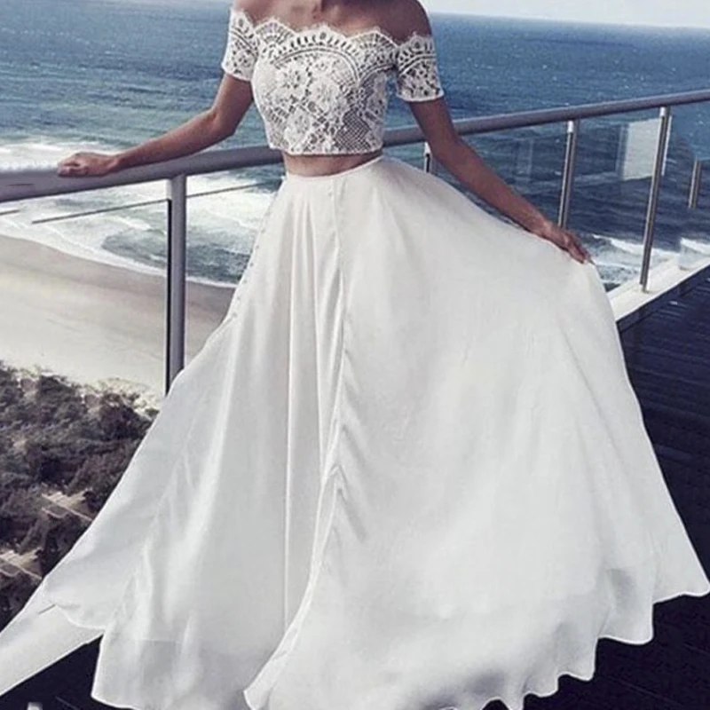 Vestido Novia Playa Двойка свадебное платье с открытыми плечами короткий рукав кружево на свадебное платье шифоновое свадебное платье 2019 bruidsjurk