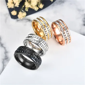 

Stainless Steel Ring 2 Rows Crystal Gold/Black/Silver Color Stainless Steel Ring Wedding Rings for Women Men Jelwery