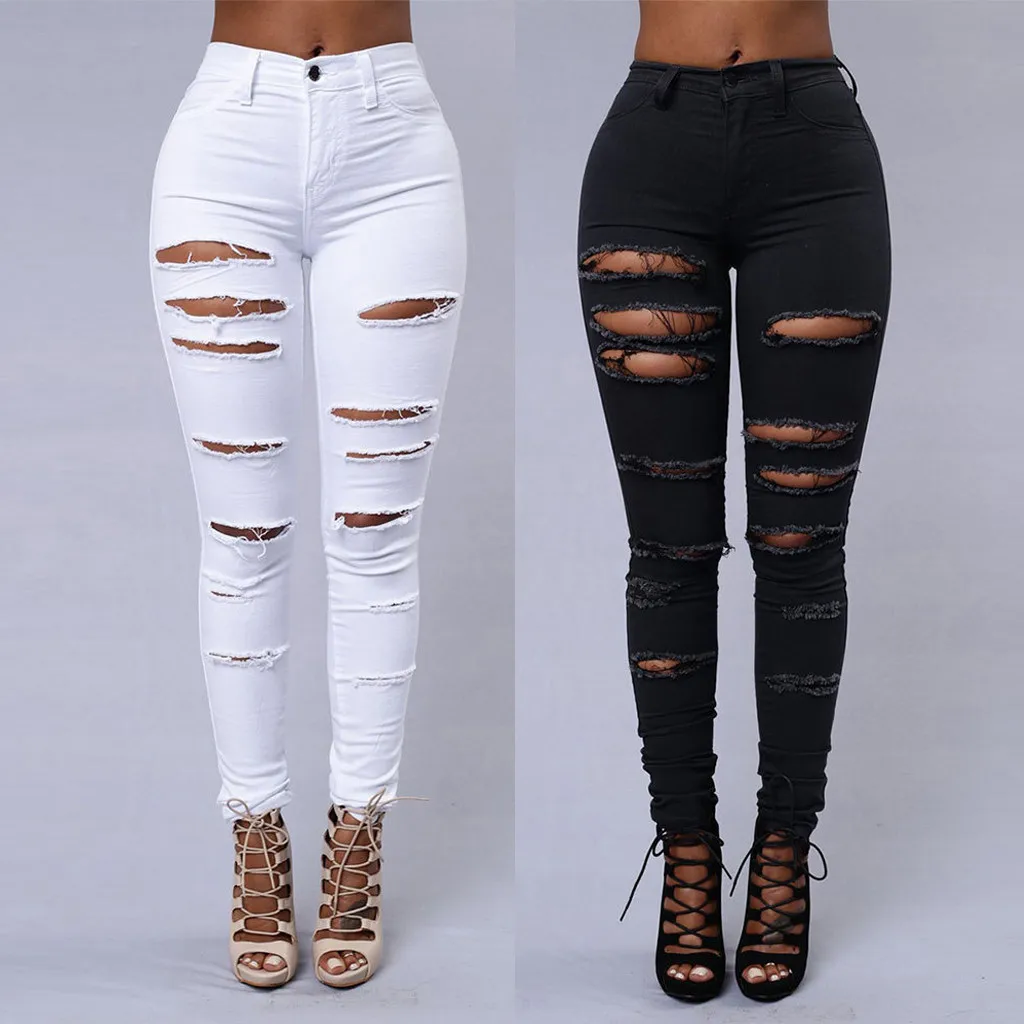 2020 New Ripped Jeans For Women Big Size Trousers Stretch Pencil Pants Leggings Black White#J3 | Женская одежда