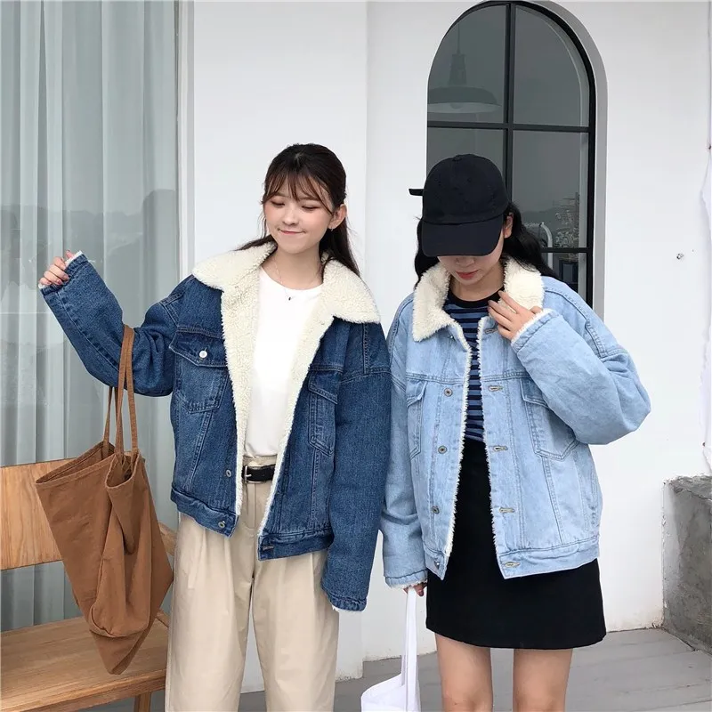 

Vintage Turn-Down Collar Long Sleeve Denim Coat Women Autumn Winter Warm Lapel Loose Jacket Pockets Casual Outwear Short Coat