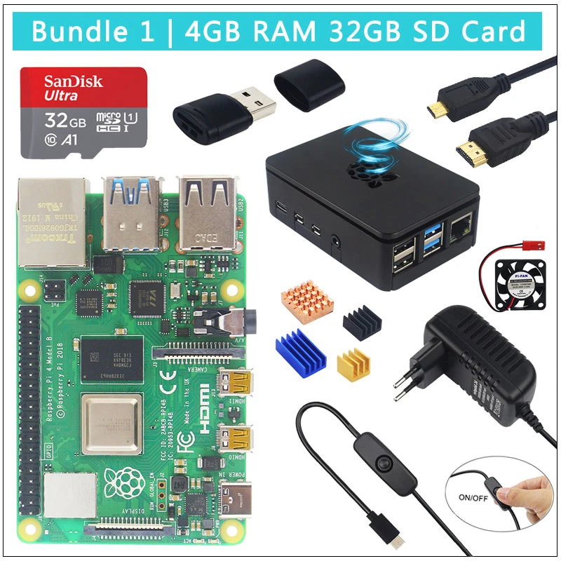 Комплект 1 Raspberry Pi 4 Модель B комплект+ ABS чехол+ 32 64 Гб sd-карта+ адаптер питания+ вентилятор+ радиатор+ HDMI кабель для Raspberry Pi 4 - Комплект: Комплект 1