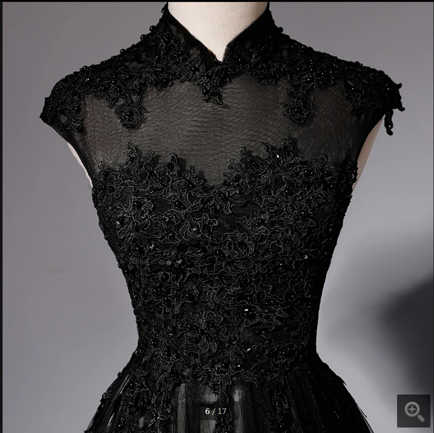 Vestido de festa черное Тюлевое ТРАПЕЦИЕВИДНОЕ кружевное платье с аппликацией из бисера для выпускного вечера Элегантное Длинное платье с высоким вырезом и рукавами-крылышками для выпускного вечера