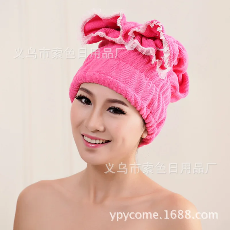 Manufacturers Direct Selling SULDUO New Style Microfiber Shower Cap Cute Lace Shower Cap Bibulous Dry Hair Cap