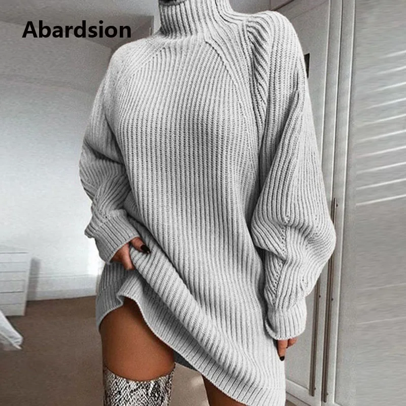 Серый Abardsion, женское трикотажное платье-свитер с высоким воротом, осенне-зимний теплый пуловер с длинным рукавом, одноцветные Повседневные свитера больших размеров, платья - Цвет: Серый