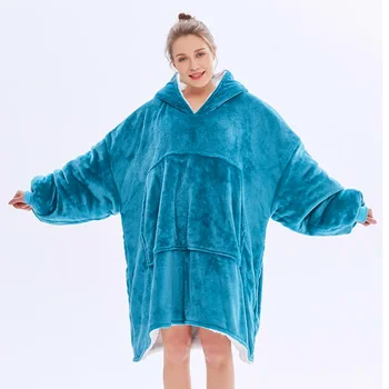 

Plush Coral Fleece Sherpa Blanket With Sleeves Thicker Large Soft Warm Outdoor Pocket Hoodie Adult Winter Hooded TV Blankets