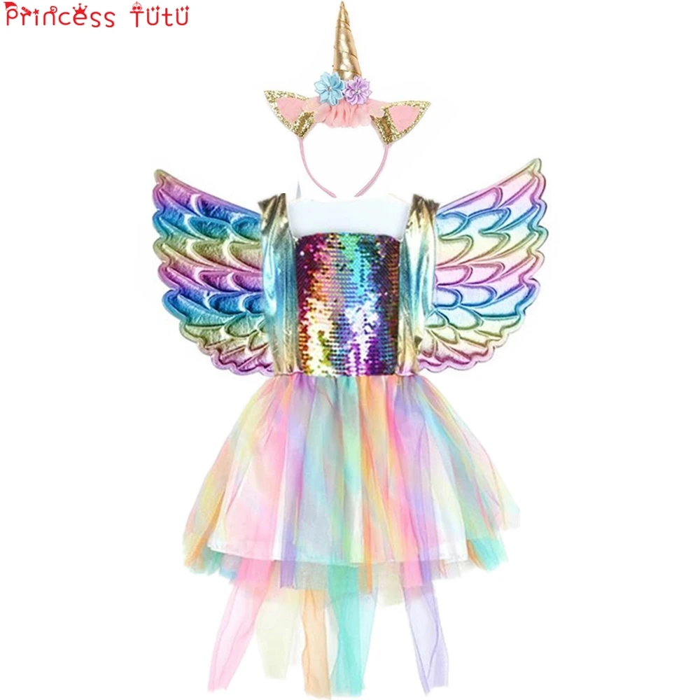 Children Girl Sequined Unicorn Birthday Party Dress Halloween Makeup Costumes Cosplay Princess with Wings and Headband | Детская одежда