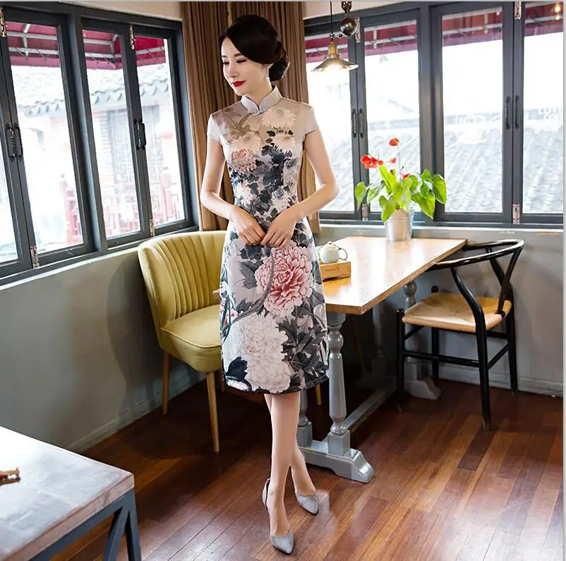 A Новое поступление, платье в китайском стиле, женское, тонкое, короткое, Qipao, воротник-стойка, короткий рукав, Cheongsam, Размеры M, L, XL, XXL, 3XL - Цвет: A