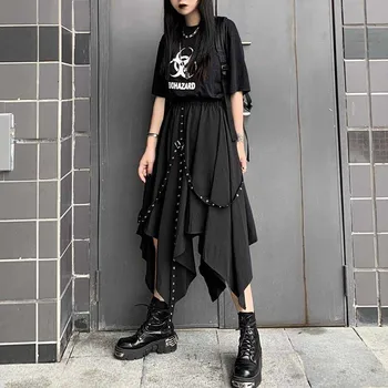 Punk Grunge Asymmetrical Black Ribbon Skirt 4