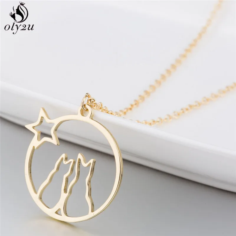 

Oly2u Fashion Cute Animal Cat Moon Pendant Necklace Charm Gold Chain Necklaces Statement Jewelry for Women Kids Gift bijoux