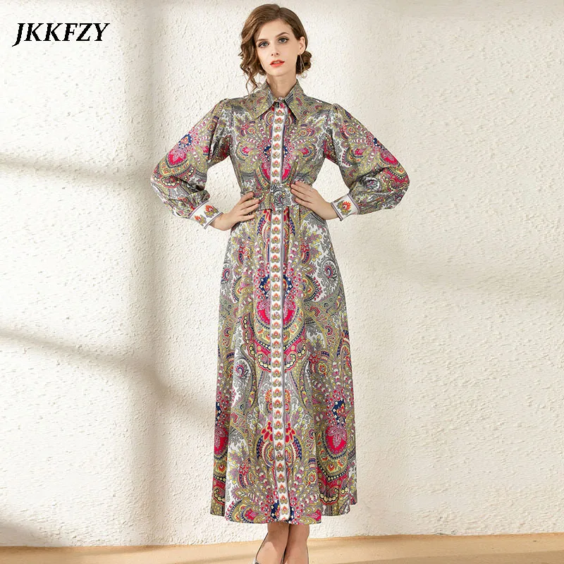 

Women Autumn Winter Runway Dress Long Sleeve Lapel Plus Size Palace Printed Vintage Dresses Elegant Party Maxi Dresses For Women