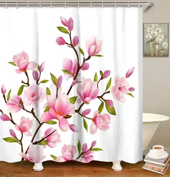 

Fabric Shower Curtain Set with 12 Hooks Pink Flower Bath Curtain Decorative Bathroom Accessories Machine Washable