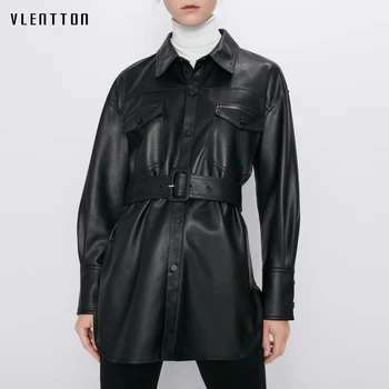 

Autumn Winter Belt Black PU Leather Blouses And Shirts Women Pockets Casual Long Sleeve Blouse Tops Ladies Blusas Camisas Mujer
