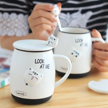 

Cute Coffee Mug Ceramics Large Spoon Breakfast Cat Coffee Cup Porcelain Mug Bone China Friends Kubek Cups and Mugs XX60CM