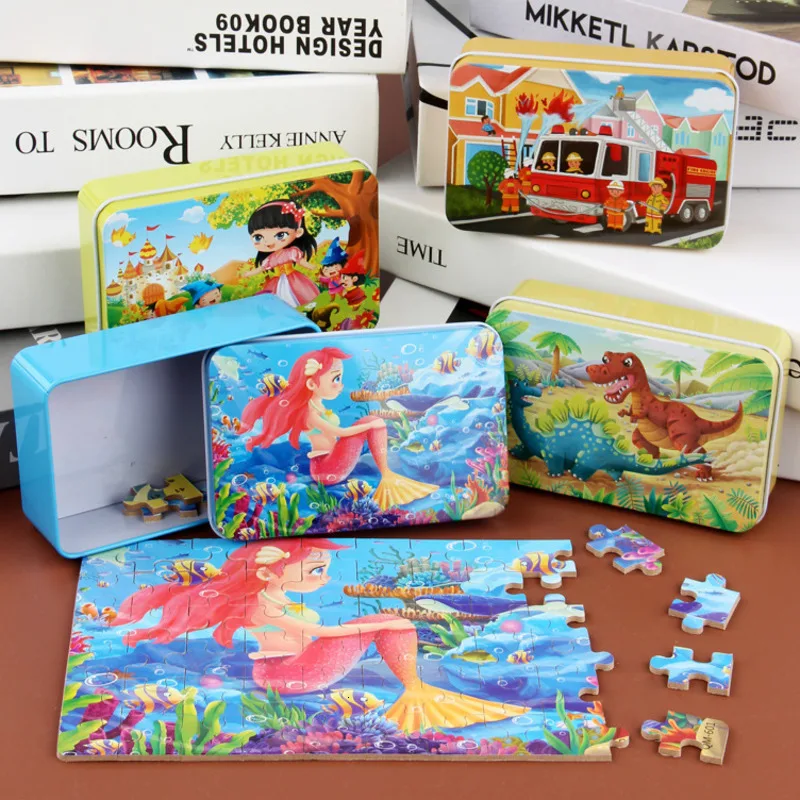 60 Pieces/Set Cartoon Story 3D Wooden Puzzle Jigsaw Early Educational Toys For Children Kids Christmas Gift With Iron Box Gift