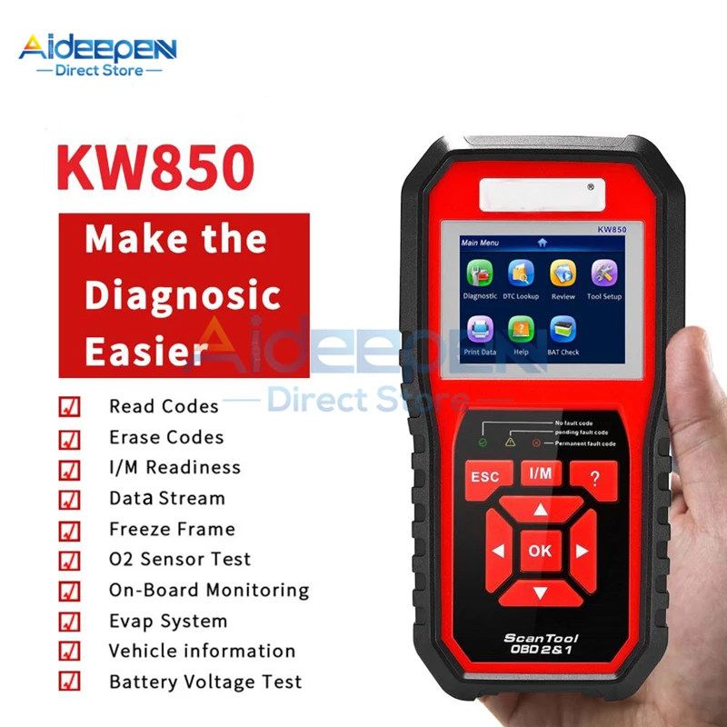 

KW850 OBD2 ODB2 Scanner Auto Diagnostic Scanner Full Function Car Diagnosis Scanner Universal OBD Engine Code Reader Black/Red
