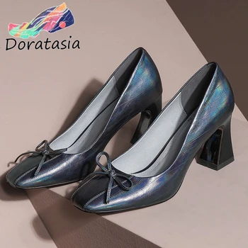 

DORATASIA Elegant Office Girl Butterfly Knot Shallow Slip On Pumps Spring Pumps Women 2020 High Heel Square Toe Shoes Woman
