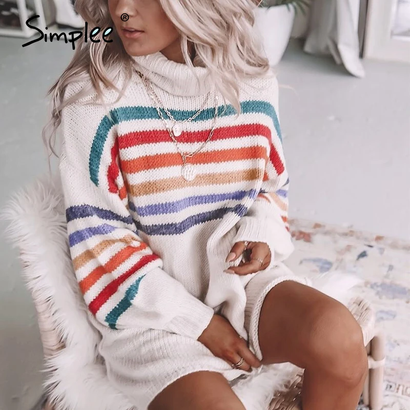 Simplee turtle rainbow knitted dresses women casual high fashion sweater dress short autumn winter sweater dresses vestidos Simplee turtle rainbow knitted dresses women casual high fashion sweater dress short autumn winter sweater dresses vestidos