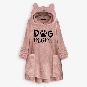 

Dog Mom Winter Hoodies Sweatshirt Women Fleece Embroidery Cat Ear Hoodie Sweatshirts Pocket Pullover Top sudadera mujer #L20