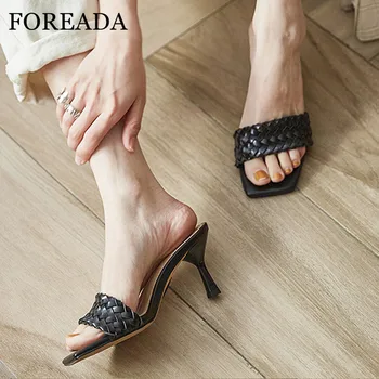 

FOREADA Woman Slippers Natural Genuine Leather High Heels Thin Heel Slides Square Toe Shoes Shallow Ladies Sandals Black Size 40